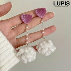 イヤリング レディース ポンポン ファー ベロア ハート パール チェーン ロング 揺れる プードルファー 秋冬 ガーリー クリップ式 韓国 韓国っぽ lupis ルピス v2594