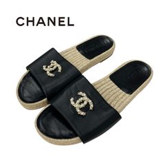 シャネル CHANEL サンダル 靴 シューズ レザー ブラック ベージュ ココマーク エスパドリーユ パール