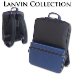 ランバンコレクション LANVIN COLLECTION 牛革使い リュック エクラ メンズ ブルー×ブラック 青 黒 日本製 定価38,500円 撥水 スリム 薄型 ビジネスリュック A4 通勤 レザー ラバー 13.3インチPC収納