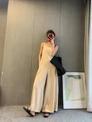 ワイドロンパース ブラック/ベージュ アシンメトリーショルダー【0916】