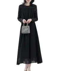 [Ladyangel] パーティードレス レディース ワンピース 結婚式 レース フリル 大人 可愛い シフォン 長袖 ミモレ丈 ファスナー 裏地付き フォーマル お呼ばれ 二次会 謝恩会 発表会 卒業式