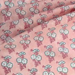 インド ブロックプリント生地 [50cm単位切売] Sanganeri ホワイトフラワー on ピンク 花 IF0242