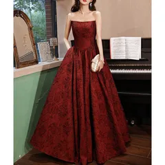 カラードレス ロングドレス 赤 ワインレッド チューブトップ ビスチェ 二次会 パーティードレス 花嫁 ウェディングドレス コンサート 披露宴 結婚式 演奏会 プロムドレス ステージ衣装 花柄 レトロ 1016