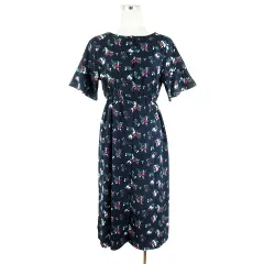 イーハイフンワールドギャラリー E HYPHEN WORLD GALLERY PEACE ワンピース ミモレ丈 五分袖 ラウンドネック 薄手 花柄 紺 ネイビー /PI