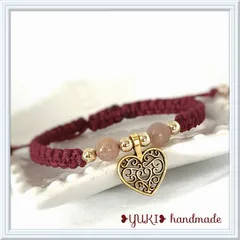 アンクレット orブレスレット 天然石【ストロベリークォーツ+♡チャーム】ワイン