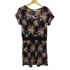 アーヴェーヴェー スタンダード 半袖ワンピース Vネック 花柄 トップス レディース 40サイズ ネイビー×ブラウン系 a.v.v standard 【中古】