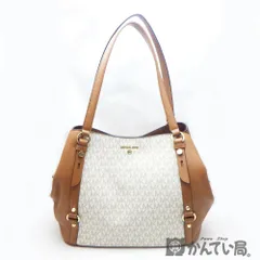 マイケルコース　キャリー ショルダーバッグ ラージ　トートバッグ　セミショルダー　アイボリー×ブラウン　MKシグネチャー　ロゴ　久安店　A25-901
