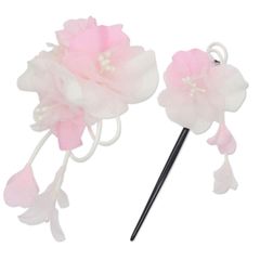 【数量限定】鎌倉工芸 [カマクラクラフト] 和装 髪飾り 2点セット | 薄縮緬 フラワー ヘアクリップ １点 ・ かんざし １点 | ピンク