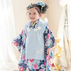 【紺地着物×水色被布】京都絵師によるオリジナル柄＆レース生地の被布セット  七五三  キャサリンコテージ　TAK