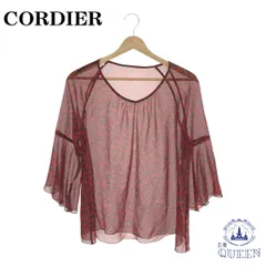 【訳アリ】 CORDIER コルディア トップス カットソー 七分袖 プリント シースルー エレガント レディース 総柄/レッド 40 901-3590 送料無料 古着