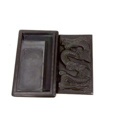 【中古品】 硯 龍 書道用品 白雲上石 龍彫刻 蓋付き KA