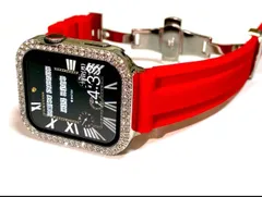 銀×赤アップルウォッチキラキラカバーケースAppleWatchラバーバンドベルト