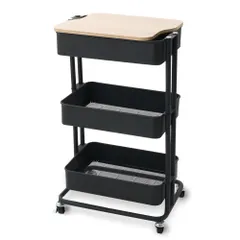 新商品 キャスター付 3段 幅44.5×奥行35×高さ78cm 収納ワゴン 木天板タイプ バスケットラック ブラック 調味料ラック キッチンワゴン KW-L002 】アイリスプラザ 【取り出しやすくリニューアル!