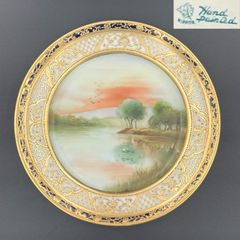 【希少】初期オールドノリタケ プレート アンティーク 湖畔風景 金盛り 1910年代頃 里帰り M003