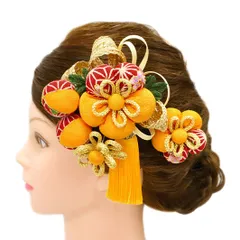 髪飾り 成人式 つまみ細工 振袖 前撮り 袴 花 2点セット 黄色 橙色 臙脂 白 ゴールド ちりめん 房 房付き 玉飾り 組紐 麻の葉 No.9-4951