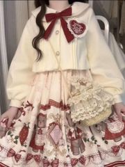 2025年新作 上着付きクマちゃん×イチゴ柄ひざ丈ロリータワンピ秋冬コーデに女子会にぴったり