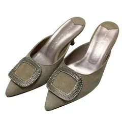 【美品】銀座かねまつ (22) ミュール サンダル ヒール パンプス ローヒール スクエアビジュー 希少デザイン