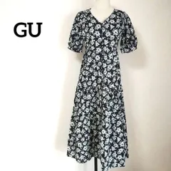 GU ジーユー 花柄 花柄 シャツ ワンピース 半袖 プリント ブラック Sサイズ Vネック
