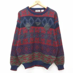 L/古着 長袖 セーター メンズ 00s レザー使用 アクリル クルーネック 紺他 ネイビー 24nov01 中古 ニット トップス