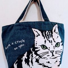 【猫ミニトートバッグ】帆布よこミニトート（アメショー猫）紺色