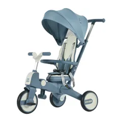 「26%割」 三輪車 ワンタッチ折りたたみ 高級 子供用三輪車（ブルー×ホワイト） 三輪車のりもの サンシェード付き 安全バー付き シートベルト付き サドル回転でき コントロールバー付き のサムネイル