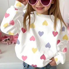 キッズ トレーナー 長袖 女の子 ハート柄 カラフル プルオーバー 可愛い 冬 サテン系 裏起毛 モコモコ オルチャン 韓国子供服風 子供服 90 100 110 120