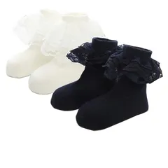 【新品】 [InSomila] [インソミラ] 靴下 キッズ 女の子 フォーマル 子供 レース ソックス 黒 白 通学 スクール 中学生 高校生 フリル リボン 2点セット 女児 (ブラック/ホワイト, 15-18cm) 1
