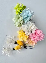 プリザーブドフラワー髪飾り　ドライフラワー髪飾り　10本　　パステルカラー　ラプンツェル風アレンジにも　プリザーブドアジサイ　カスミソウ　ボアプランツ