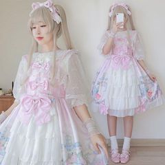 ロリータ ドレスジャンスカ ハイウエスト うさぎ プリント リボン ノースリーブ ワンピース キャミワンピース かわいい フリル ひざ丈 レース ふわふわ ゴスロ