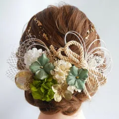 S4 金箔付き ダブルリボンとドライフラワーの髪飾り 緑
