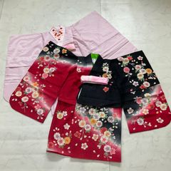 七五三 正絹四つ身着物 黒地 桜 松 華やか 7歳 祝着 フルセット 髪飾り