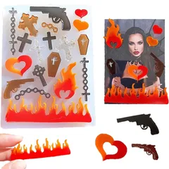 Evergarden デコパーツ ピストル ハート クロス 炎 シリコンモールド 推し活 レジン オタ活 トレカ デコ パーツ デコレジン アクセサリー イヤリング ピアス キーホルダー シャカシャカ シリコン モールド キャンドル アロマストーン 石膏  0