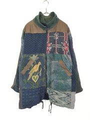 め0209古布リメイク木綿幟旗柿渋染め総刺し子ジップアップスカジャンハンドメイド め0506古布リメイク木綿柿渋染らんる手拭刺子ジップアップスカジャン
