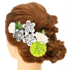 髪飾り 成人式 つまみ細工 振袖 前撮り 袴 浴衣 夏祭り 花火大会 豪華3点セット 緑 渋緑 黄緑 白 ちりめん パール ヘアアクセ No.9-3670