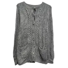 ニット セーター カーディガン レディース L 程 グレー ボタン ラグラン ケーブルニット 秋冬 古着卸 アメリカ仕入 a612-6476