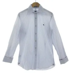 バーバリーブラックレーベル BURBERRY BLACK LABEL シャツ ホリゾンタルワイドカラー ドゥエボットーニ ロゴ刺繍 長袖 ダブルカフス 袖口裏ノバチェック コットン ストライプ ホワイト 白 ブルー系 青系 38