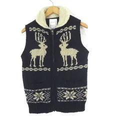 ブラウニー BROWNY ベスト ニット ボア襟 ノルディック柄 ウール ジップアップ S 紺 ネイビー ベージュ ◆KK