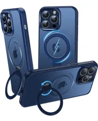 ★【定点360度回転スタンド】FONKCASE iPhone15 Pro 用 ケース 【縦横両対応・角度調整】MagSafe対応 マグネット搭載 隠しカメラスタンド アイホン15プロケース 半透明 マット感 ケース 6.1インチ（ブルー）のサムネイル