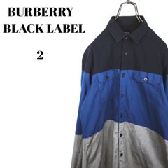 BURBERRY BLACK LABEL バーバリーブラックレーベル 長袖シャツ 胸ポケット付き ワンポイントロゴ 刺繍 ネイビー ブルー グレー マルチ配色 メンズ Mサイズ相当