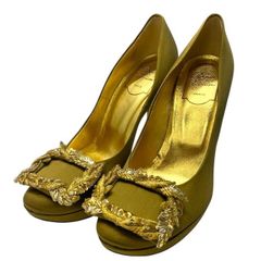 【未使用美品】ROGER VIVIER ロジェヴィヴィエ シューズ パンプス ヒール ラウンドトゥ サテン ゴールド [サイズ 36 1/2 (約23.5cm)]