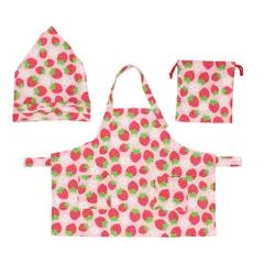 ☆ いちごとおはな ☆ Mサイズ ☆ こどもエプロン 3点セット エプロン キッズ 3点 120 130 140 150 l サイズ 120-150cm m 90-120cm 90 100 110 おしゃれ 女の子 男の子 キッズエプロン おしゃれ 三角巾