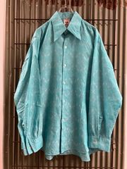 70‘s Polyester Shirt 柄シャツ　長袖シャツ　ロカビリー　ポリエステルシャツ　ティファニーブルー