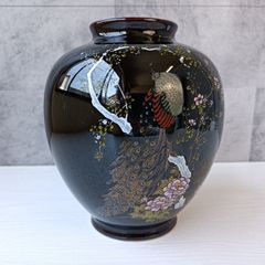 【加茂市のまだまだ使えるもの】正峰窯 孔雀柄 花瓶 花器 フラワーベース 黒 YAMAJI JAPAN 置き物 飾り インテリア