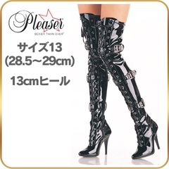 28.5 29 cm サイハイブーツ Pleaser プリーザー エナメル ニーハイブーツ 黒 レディース メンズ 13cm ヒール ブラック 編み上げ レースアップ シッパー ベルト SEDUCE-3028 SED3028/B 大きいサイズ