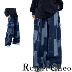 RomelCheo リメイク風 パッチ 切替 デニム パンツ ワイド ジーンズ パッチワーク カーゴ ポケット ジーパン gパン 古着風 メンズ レディース 個性的 個性派 レトロ こなれ感 ウエストゴム 原宿系 ストリート系 スケーター ロメルチェオ