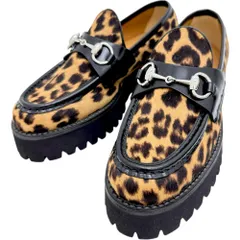 【GUCCI/グッチ】ホースビット ヒョウ柄 ローファー ハラコ/レザー ベージュ ブラウン シルバー金具 レディース 【中古】【真子質店】【GD】