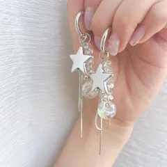 【009】ハンドメイドピアス　ハンドメイドイヤリング　フープピアス　フープイヤリング　シルバー　大ぶりピアス　大ぶりイヤリング　星　スター　鈴丸　クリアカラー