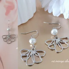 ♡ハンドメイド アクセサリー メタルフラワー 花 ホワイト 多面カット シルバー ピアス♡070