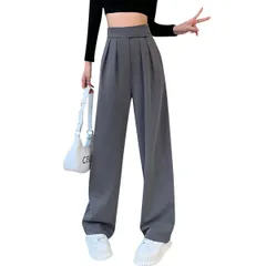 [ウェアビー] ベロクロ タックワイドパンツ ハイウエスト ストレート ボトムス レディース ロングパンツ 丈長め 長ズボン 大きいサイズ 通勤 スラックス Wタック センタープレス ワイドレッグ ガウチョパンツ マジックテープ ゆったり  [グレー] [M]