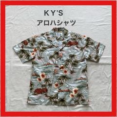 KY’S　アロハシャツ　ハワイアンシャツ　シャツ　半袖　山　海　ヤシの木　舟　M